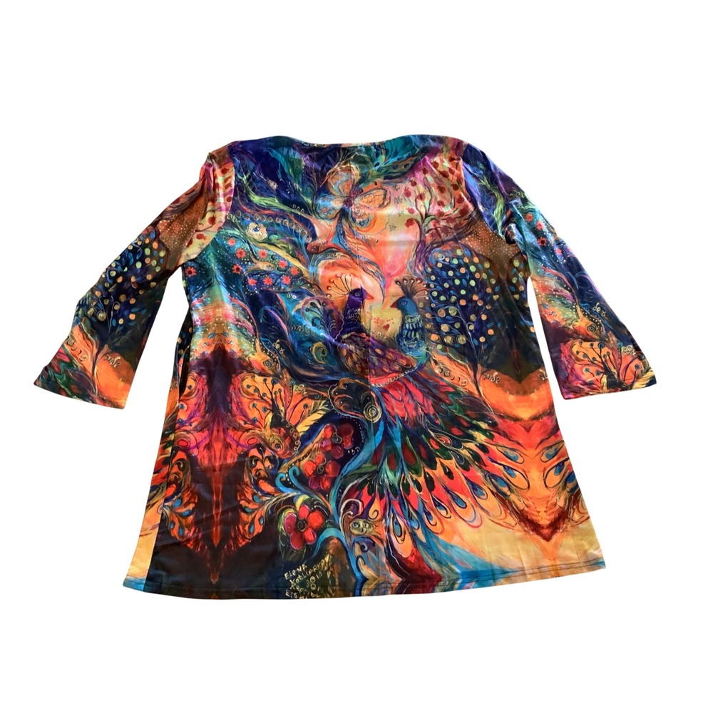 Elena Kotliarker Art Peacock Print Tunic Top Womens 3/4 Sleeve Psychedelic Multi - Picture 2 of 2